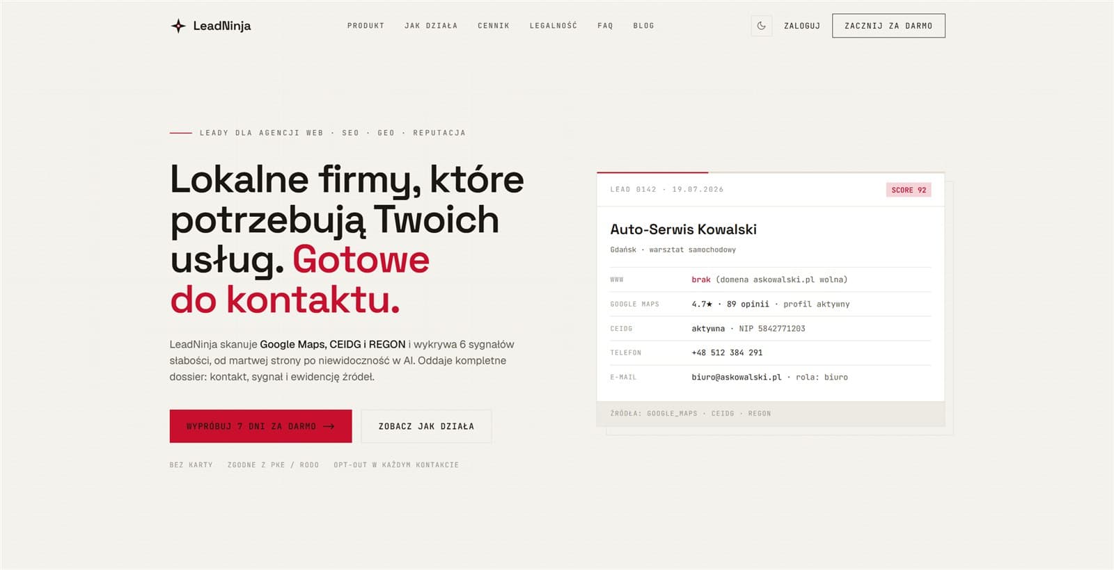 Strona główna LeadNinja z wyszukiwarką firm i przykładową kartą leada